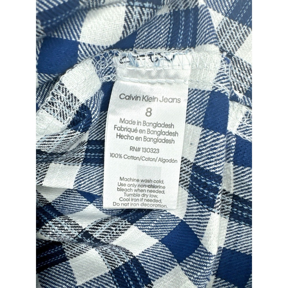 Calvin Klein Jeans Boy's Logo Pocket 100% Cotton Plaid Blue/White Shirt - Size 8 - Picture 11 of 12